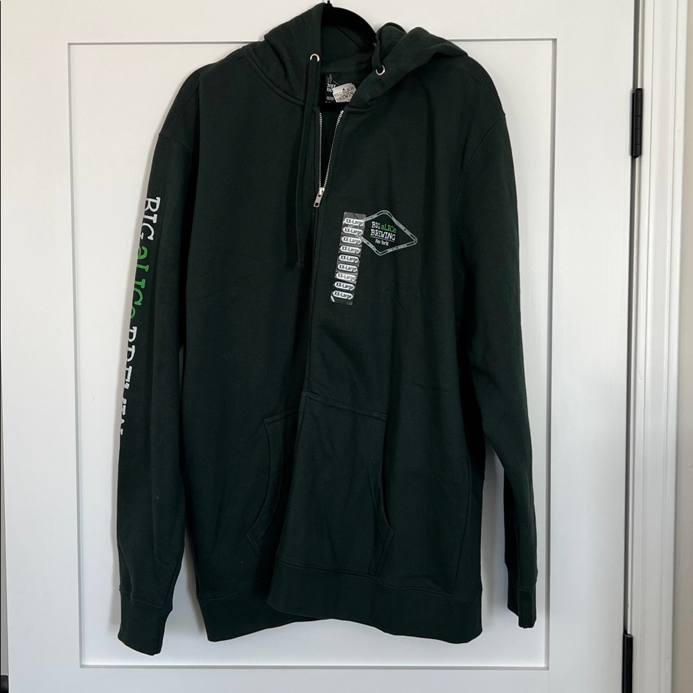 Green Zip-Up Hoodie with Big Alice brewing.